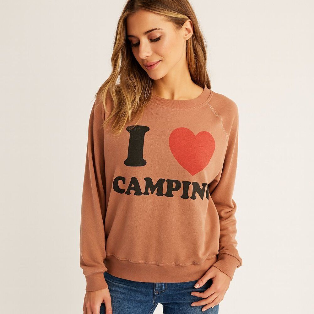 Wildfox I Love Camping Burnout Baggy Beach Jumper Orange Graphic Sweatshirt M